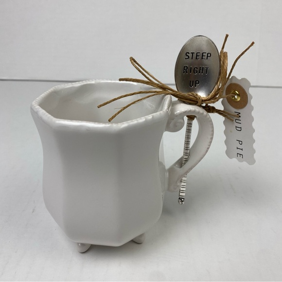 Mud Pie Tea Coffee Mug White Steep Right Up Spoon Ceramic New in Box Giftware - Picture 1 of 7
